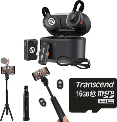 Hollyland Lark M2S Combo Wireless Microphone for Camera, iPhone, Android & PC, Camera RX + USB-C RX + Lightning Cable, Noise Cancelling, 30H Battery, Includes 13" Foldable Tripod & 16GB MicroSD Card in Kuwait