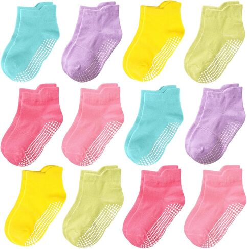 Tphon Baby Toddler Socks Girls Socks with Non Slip Grip 12 Pack Kids Ankle Cute Cotton Sock 6M-7Years in Kuwait