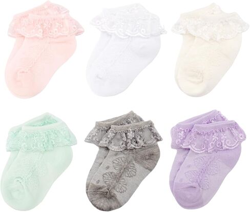Meeshine 6 Pack Baby Girls Eyelet Lace Socks Frilly Ruffle Princess Dress Soft Cotton Socks for 1-8T Toddler Kids in Kuwait