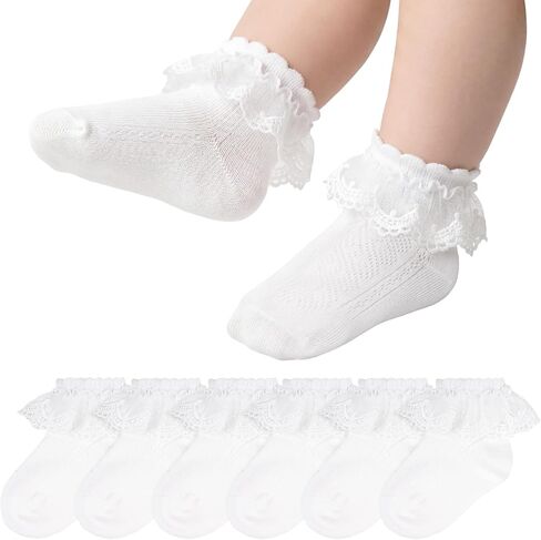Topbuti 3 Pairs Toddler Ruffle Socks for Girls Eyelet Frilly Lace Dress Socks Crew Cotton Sock for Newborn Infant Baby Girls in Kuwait