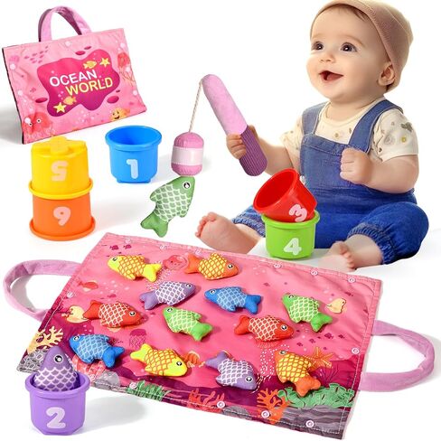 Montessori Toys for 1 Year Old Girl Gifts, Pink Cloth Fishing Toy for Toddler 1-3, Fine Motor Skills Toy Sorting Learning Baby Toys 6-12-18 Months, Toddler Toys for Baby Easter Gifts in Kuwait