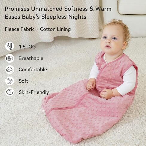 Unnivoll Fleece Baby Sleep Sack 6-12 Months with Plush Dots 1.5 Tog Baby Wearable Blanket with 2-Way Zipper Warm Sleeping Sack for Toddler Infant Newborn - Medium, Pink in Kuwait