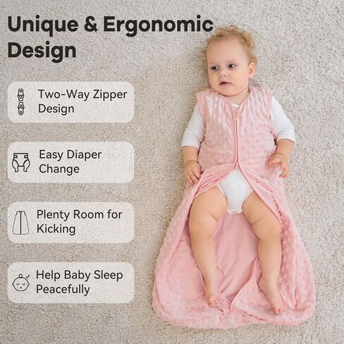 Unnivoll Fleece Baby Sleep Sack 6-12 Months with Plush Dots 1.5 Tog Baby Wearable Blanket with 2-Way Zipper Warm Sleeping Sack for Toddler Infant Newborn - Medium, Pink in Kuwait