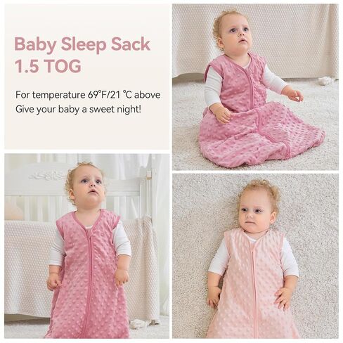 Unnivoll Fleece Baby Sleep Sack 6-12 Months with Plush Dots 1.5 Tog Baby Wearable Blanket with 2-Way Zipper Warm Sleeping Sack for Toddler Infant Newborn - Medium, Pink in Kuwait
