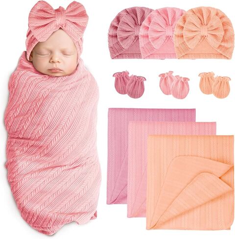 Baby Swaddle Blankets with Bow Hat Headband Set Wheat-Pattern Infant Receiving Blankets Swaddles for Newborns Unisex Toddler Swaddle Wrap Sets for Baby Girls Boys Nursery Warm Shower Gift in Kuwait