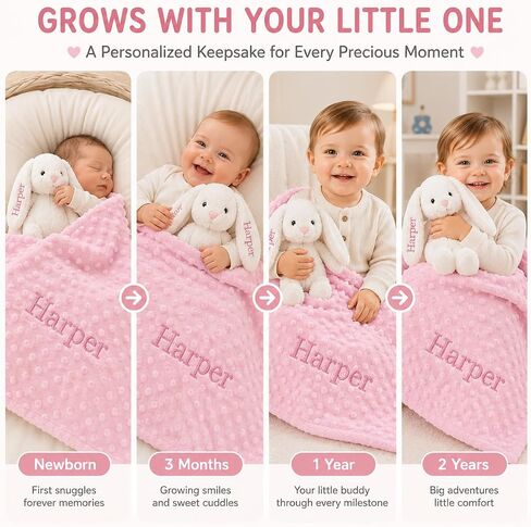 Personalized Baby Blanket and Plush Bunny Set with Any Name for Boy Girls | Custom Baby Blanket Minky Dot & Bunny Rabbit for Newborn Boy Girl Toddlers Shower Gift Set for Women, Birthday Keepsake(W+P) in Kuwait