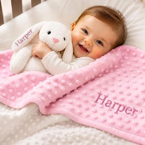 Personalized Baby Blanket and Plush Bunny Set with Any Name for Boy Girls | Custom Baby Blanket Minky Dot & Bunny Rabbit for Newborn Boy Girl Toddlers Shower Gift Set for Women, Birthday Keepsake(W+P) in Saudi Arabia