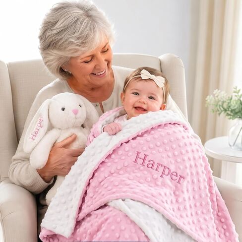 Personalized Baby Blanket and Plush Bunny Set with Any Name for Boy Girls | Custom Baby Blanket Minky Dot & Bunny Rabbit for Newborn Boy Girl Toddlers Shower Gift Set for Women, Birthday Keepsake(W+P) in Saudi Arabia