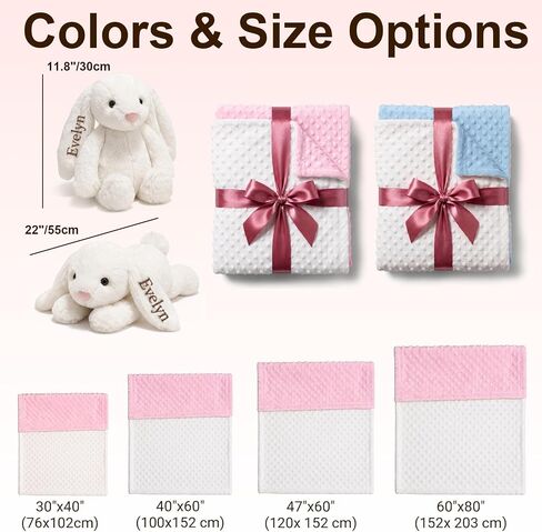 Personalized Baby Blanket and Plush Bunny Set with Any Name for Boy Girls | Custom Baby Blanket Minky Dot & Bunny Rabbit for Newborn Boy Girl Toddlers Shower Gift Set for Women, Birthday Keepsake(W+P) in Kuwait