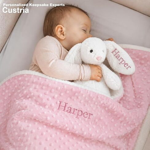 Personalized Baby Blanket and Plush Bunny Set with Any Name for Boy Girls | Custom Baby Blanket Minky Dot & Bunny Rabbit for Newborn Boy Girl Toddlers Shower Gift Set for Women, Birthday Keepsake(W+P) in Saudi Arabia