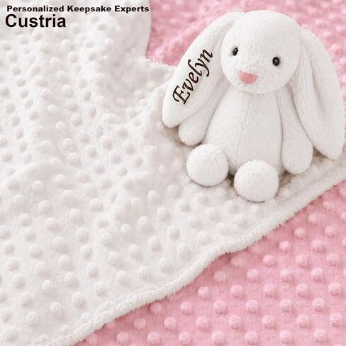 Personalized Baby Blanket and Plush Bunny Set with Any Name for Boy Girls | Custom Baby Blanket Minky Dot & Bunny Rabbit for Newborn Boy Girl Toddlers Shower Gift Set for Women, Birthday Keepsake(W+P) in Saudi Arabia