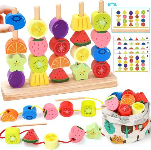 Montessori Wooden Beads Stacking Toys: 2 3 4 Year Old Boys Girls Birthday Gifts - Toddler Sequence Game & Sorting Blocks & Lacing & Matching Shape - Preschool Learning Activities for 2-5 Years Kids in Kuwait