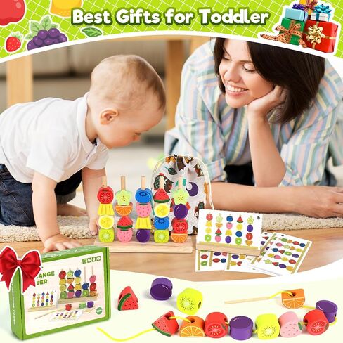 Montessori Wooden Beads Stacking Toys: 2 3 4 Year Old Boys Girls Birthday Gifts - Toddler Sequence Game & Sorting Blocks & Lacing & Matching Shape - Preschool Learning Activities for 2-5 Years Kids in Kuwait