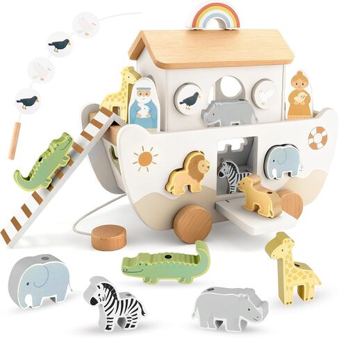 Wooden Noah's Ark Toy for Toddlers 1-3, Baptism Gift for Boys and Girls | Neutral Colors • Animal Shape Matching • Fine Motor Skills • Christian Faith Learning • Bible Story Learning in Kuwait