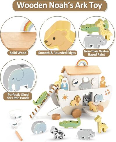 Wooden Noah's Ark Toy for Toddlers 1-3, Baptism Gift for Boys and Girls | Neutral Colors • Animal Shape Matching • Fine Motor Skills • Christian Faith Learning • Bible Story Learning in Kuwait