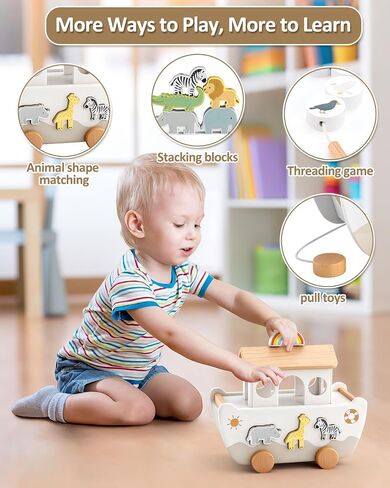 Wooden Noah's Ark Toy for Toddlers 1-3, Baptism Gift for Boys and Girls | Neutral Colors • Animal Shape Matching • Fine Motor Skills • Christian Faith Learning • Bible Story Learning in Kuwait
