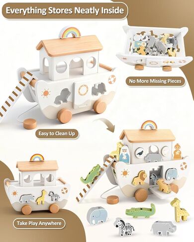 Wooden Noah's Ark Toy for Toddlers 1-3, Baptism Gift for Boys and Girls | Neutral Colors • Animal Shape Matching • Fine Motor Skills • Christian Faith Learning • Bible Story Learning in Kuwait