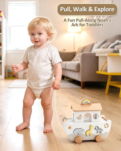 Wooden Noah's Ark Toy for Toddlers 1-3, Baptism Gift for Boys and Girls | Neutral Colors • Animal Shape Matching • Fine Motor Skills • Christian Faith Learning • Bible Story Learning in Kuwait