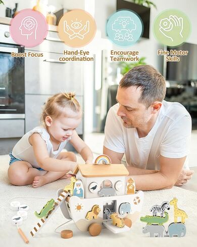 Wooden Noah's Ark Toy for Toddlers 1-3, Baptism Gift for Boys and Girls | Neutral Colors • Animal Shape Matching • Fine Motor Skills • Christian Faith Learning • Bible Story Learning in Kuwait
