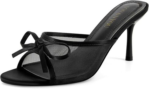 SOVANYOU Women's Mesh Mule Heels with Bow Open Round Toe Stiletto High Heels Slip On Cute Party Daily Backless Sandals in Saudi Arabia