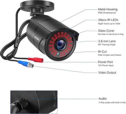 ZOSI 1080p HD-TVI Home Security Camera with Audio,Built-in Mic,Night Vision,1920TVL 2MP Outdoor CCTV Cam Only Compatible with ZOSI 3K Lite Analog DVR in Kuwait