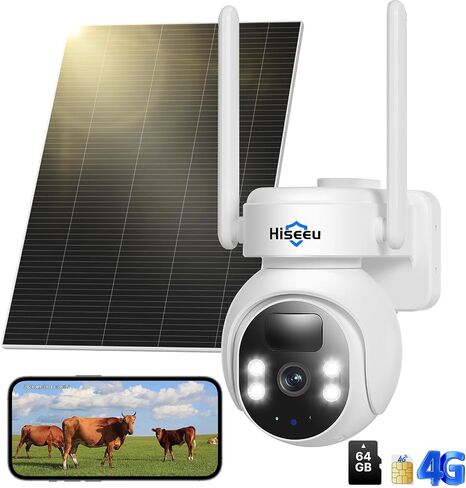 Hiseeu 4G LTE Cellular Security Camera Solar Powered, No WiFi Security Cameras Wireless Outdoor, PIR Motion, 2 Way Talk, 360° PTZ, 2K Color Night Vision, 64G SD & SIM Card Included in Kuwait