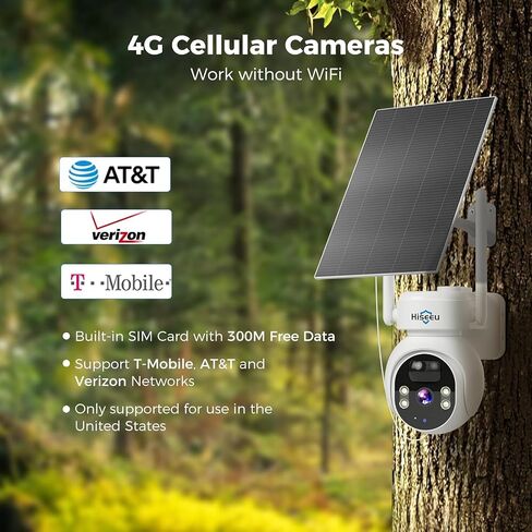Hiseeu 4G LTE Cellular Security Camera Solar Powered, No WiFi Security Cameras Wireless Outdoor, PIR Motion, 2 Way Talk, 360° PTZ, 2K Color Night Vision, 64G SD & SIM Card Included in Kuwait