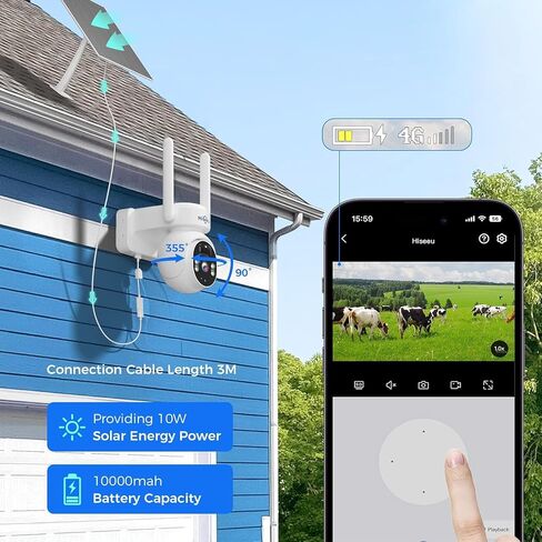 Hiseeu 4G LTE Cellular Security Camera Solar Powered, No WiFi Security Cameras Wireless Outdoor, PIR Motion, 2 Way Talk, 360° PTZ, 2K Color Night Vision, 64G SD & SIM Card Included in Kuwait