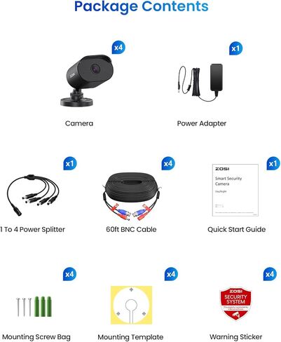 ZOSI 4 Pack 1080p Wired Security Camera with Audio, 2MP TVI Bullet Camera | 80ft IR Night Vision, 90° Wide View, IP66 Weatherproof, BNC Wired Surveillance CCTV Camera in Kuwait
