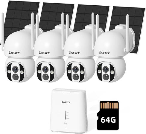 Solar Cameras Outdoor Wireless, 4 Cam Kit Security Camera System | No Subscription, Expandable to 10CH, 4MP Color Night Vision, 360° Pan&Tilt, Auto Tracking, 2.4G/5G Home WiFi, 64G SD Card in Kuwait