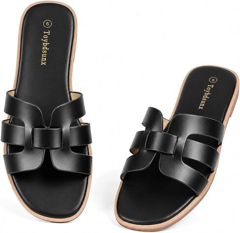 Women’s Flat Sandals, Square Open Toe Summer Sandals for Beach Vacation | Comfortable Cushioned Insoles, Easy Slip-on Design, Flat Sandals with Non-Slip Outsoles for Walking Commuting Shopping in Kuwait