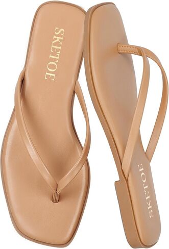 Women Square Toe Leather Flip Flops Lightweight Flat Thong Sandals Summer Beach Vacation Dressy Comfort Slides Tapue 9.5 in Kuwait