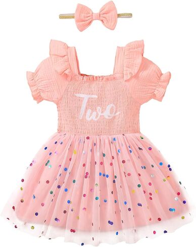 Baby Girl 2nd Birthday Dress Girl Tulle Party Dress Two Year Old Birthday Ruffle Sleeve Outfit with Bow Headband in Kuwait