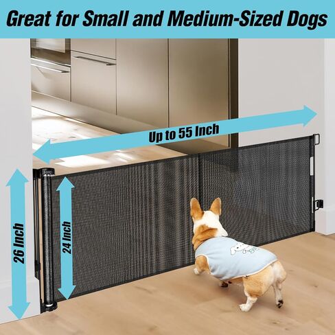 24 Inches Tall Retractable Baby Gates for Doorways, Short Dog Gates to Step Over, Extends up to 55" Wide, Reinforced Mesh Baby Gate for Kids or Pets, Doggie Gates Puppy Gates for The House (Black) in Kuwait