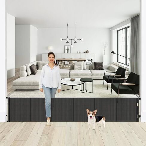 24 Inches Tall Retractable Baby Gates for Doorways, Short Dog Gates to Step Over, Extends up to 55" Wide, Reinforced Mesh Baby Gate for Kids or Pets, Doggie Gates Puppy Gates for The House (Black) in Kuwait