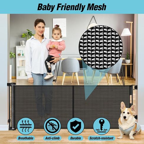 24 Inches Tall Retractable Baby Gates for Doorways, Short Dog Gates to Step Over, Extends up to 55" Wide, Reinforced Mesh Baby Gate for Kids or Pets, Doggie Gates Puppy Gates for The House (Black) in Kuwait