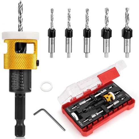 5PCS Countersink Drill Bit Set, Low Friction Depth Stop, 1/8 9/64" 5/32" Drill + 3/8" 82° Counter-Bore, 11/64" 3/16" Drill + 1/2" 82° Counter-Bore, 1/4" Hex Shank, for Woodworking, with Storage Box in Kuwait