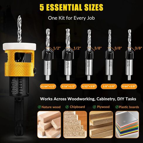 5PCS Countersink Drill Bit Set, Low Friction Depth Stop, 1/8 9/64" 5/32" Drill + 3/8" 82° Counter-Bore, 11/64" 3/16" Drill + 1/2" 82° Counter-Bore, 1/4" Hex Shank, for Woodworking, with Storage Box in Kuwait