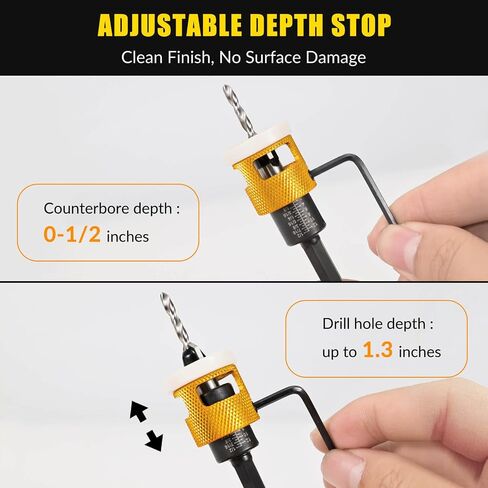 5PCS Countersink Drill Bit Set, Low Friction Depth Stop, 1/8 9/64" 5/32" Drill + 3/8" 82° Counter-Bore, 11/64" 3/16" Drill + 1/2" 82° Counter-Bore, 1/4" Hex Shank, for Woodworking, with Storage Box in Kuwait