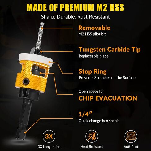 5PCS Countersink Drill Bit Set, Low Friction Depth Stop, 1/8 9/64" 5/32" Drill + 3/8" 82° Counter-Bore, 11/64" 3/16" Drill + 1/2" 82° Counter-Bore, 1/4" Hex Shank, for Woodworking, with Storage Box in Kuwait