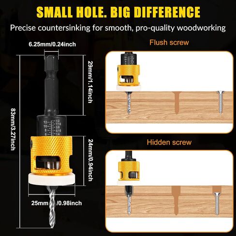 5PCS Countersink Drill Bit Set, Low Friction Depth Stop, 1/8 9/64" 5/32" Drill + 3/8" 82° Counter-Bore, 11/64" 3/16" Drill + 1/2" 82° Counter-Bore, 1/4" Hex Shank, for Woodworking, with Storage Box in Kuwait