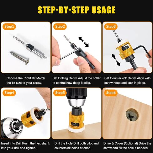 5PCS Countersink Drill Bit Set, Low Friction Depth Stop, 1/8 9/64" 5/32" Drill + 3/8" 82° Counter-Bore, 11/64" 3/16" Drill + 1/2" 82° Counter-Bore, 1/4" Hex Shank, for Woodworking, with Storage Box in Kuwait