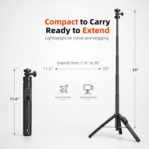 59-Inch Selfie Stick Tripod with Wireless Remote | Extendable portable stand supports GoPro, DJI Osmo Action and Insta360 cameras for vlogging, travel and group shots. in Kuwait