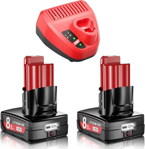 2Pack 8.0Ah Replacement for Milwaukee M12 Battery Charger Kit 12V Lithium Batteries with LCD Display Compatible with 12 Volt 48-11-2420 48-11-2401 48-11-2402 48-11-2430 48-11-2440 Cordless Power Tools in Kuwait