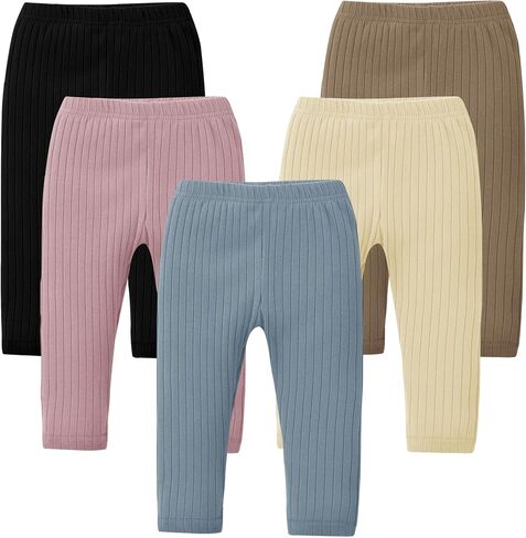 Resinta 5 Pack Baby Girl Pants Soft Cotton Ribbed Toddler Girl Leggings Stretchy Pull On Infant Pants for 0-4 Years in Kuwait
