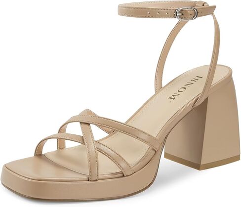 ISNOM Platform Heels for Women Block Chunky Sandals Strappy Ankle Strap | Platform Heels with Square Toe and Ankle Strap. Comfortable Chunky Sandals for Weddings, Parties, and Daily Wear in Kuwait
