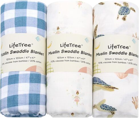 LifeTree 3 Packs Baby Swaddle Blankets, Newborn Muslin Swaddling Wrap Receiving Blanket for Boys & Girls, 70% Viscose from Bamboo and 30% Cotton, Large 47" x 47", Green Duck in Kuwait