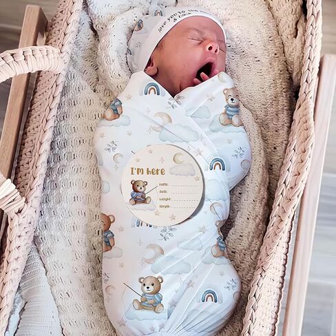 Ylsteed Baby Swaddle Blanket and Headband Set, Newborn Receiving Blanket Swaddle Wrap for Girls and Boys, Swaddling Blankets Neutral for Newborn， Soft and Skin-Friendly 32 * 32 inches (Blue Bear) in Kuwait
