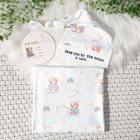 Ylsteed Baby Swaddle Blanket and Headband Set, Newborn Receiving Blanket Swaddle Wrap for Girls and Boys, Swaddling Blankets Neutral for Newborn， Soft and Skin-Friendly 32 * 32 inches (Blue Bear) in Kuwait