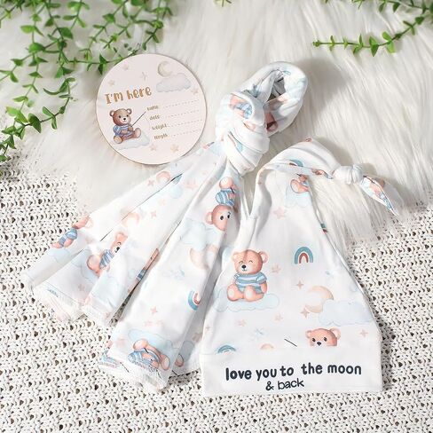 Ylsteed Baby Swaddle Blanket and Headband Set, Newborn Receiving Blanket Swaddle Wrap for Girls and Boys, Swaddling Blankets Neutral for Newborn， Soft and Skin-Friendly 32 * 32 inches (Blue Bear) in Kuwait